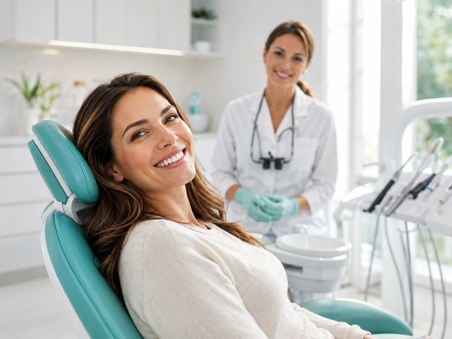 Paciente sorridente em consultório odontológico clean e moderno